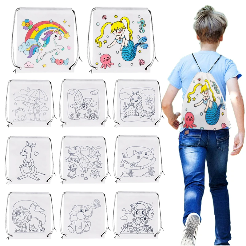 5 stücke Kordelzug Tasche Vlies Stoff Frühling Ausflug Student Tragbare Paket Outdoor-aktivitäten Lagerung Taschen DIY Graffiti TMZ Image