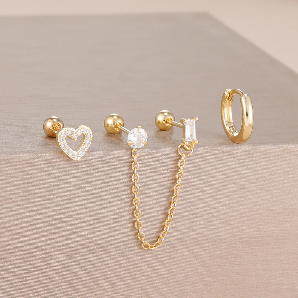 3PCS Mode Doppel Stud Kette Baumeln Ohrringe Set für Frauen Edelstahl Zirkonia Herz Ohrring Piercing Schmuck Image