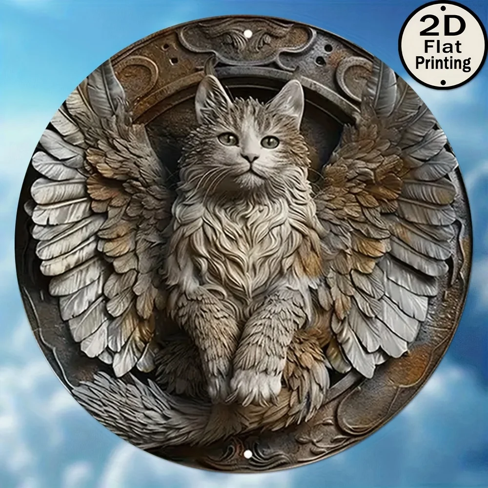 [2D Flat] 1 Stück Vintage Cat World Phantom 8x8 rundes Metallwand-Blechschild – 2D-Flachdruck, Kunstdekoration aus Aluminium mit geflügeltem Ca Image
