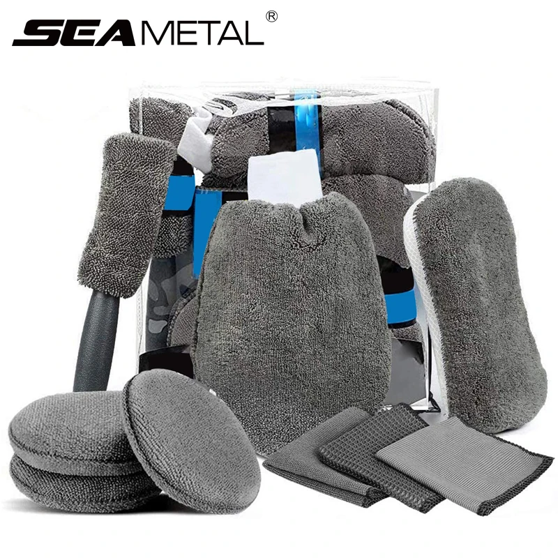 9 stücke Auto Waschen Reinigung Kits Mikrofaser Handtücher Erröten Schwamm Waschen Handschuh Polnischen Pflege Applikator Pads Auto Detaillierung Waschen Werkzeuge Image