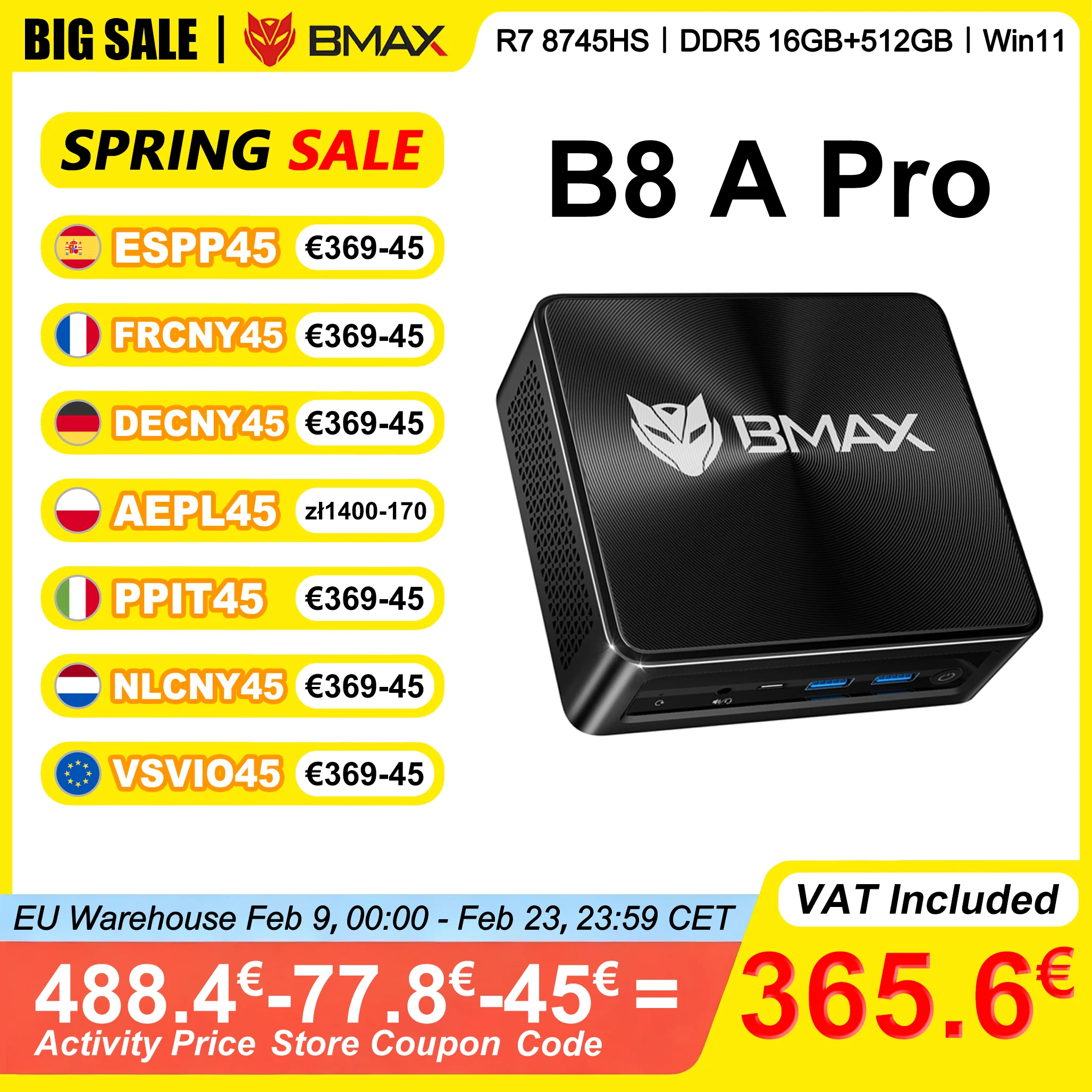 BMAX Mini-PC B8 A Pro AMD Ryzen 7 8745HS 16 GB DDR5 4800 MHz RAM 512 GB NVMe SSD Windows 11 unterstützt 4K@60Hz WiFi 6 AMD Radeon 780M Image
