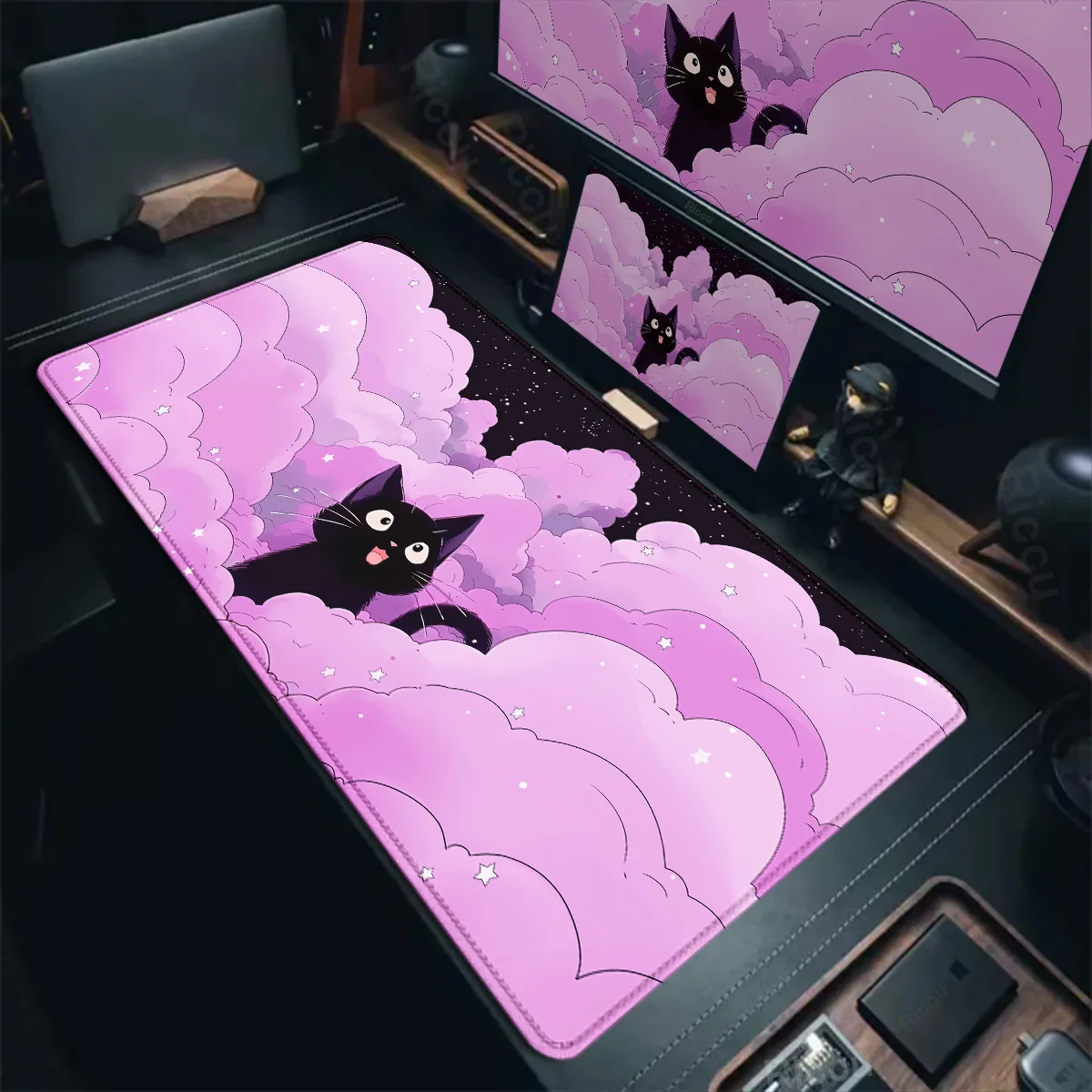 Xxl schwarze Katze kawaii Gamer Mauspad 400x900mm Verriegelung kante Tastatur Schreibtisch matte Gaming-Zubehör rosa süße Wolke Tapis de Souris Image