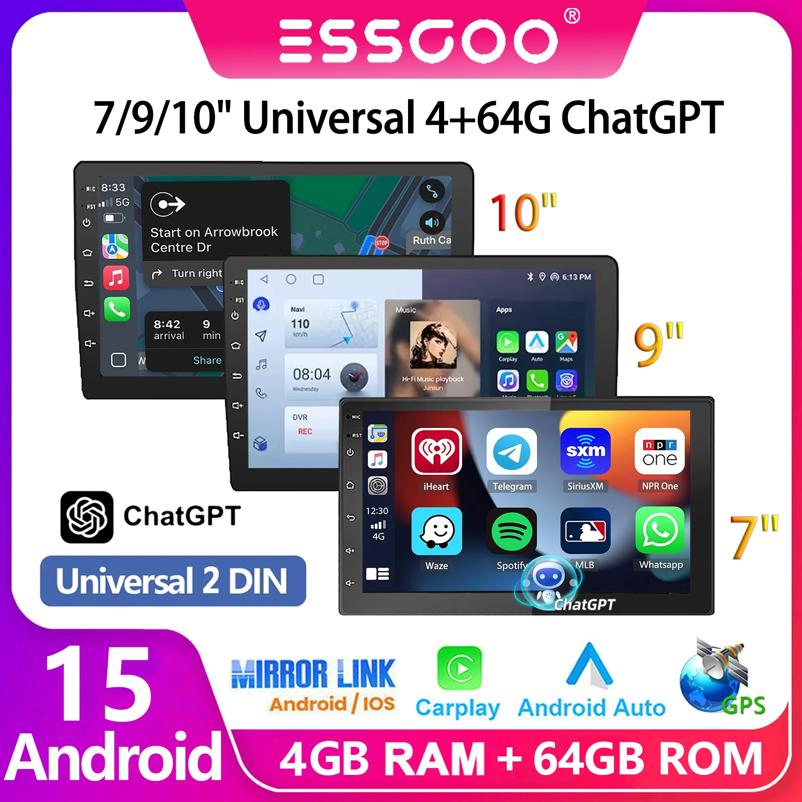 Autoradio Universale ESSGOO 2 DIN Android 15 7"/9"/10" 4+64G CarPlay Android Auto Navigazione GPS Bluetooth FM RDS Radio WIFI Schermo Tattile USB Mirror Link Voce IA ChatGPT Lettore Multimediale Video