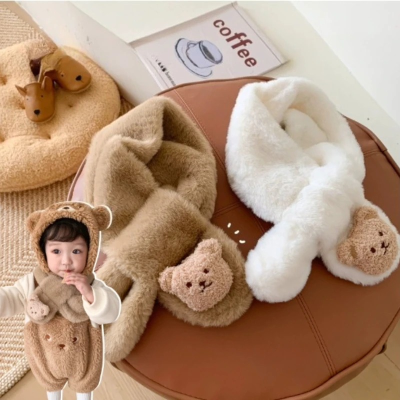 1 x Winterschal für Vorschulkinder, Studenten-Plüsch-Halsschutz, verdickter warmer Schal, süßer kleiner Bär, weicher Schal für Kinder Image