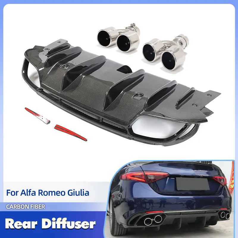 Auto Paraurti Posteriore Diffusore Lip Spoiler con Punte Riflettore In Fibra di Carbonio per Alfa Romeo Giulia Sedan 2017-2020 Non Sport Labbro Posteriore