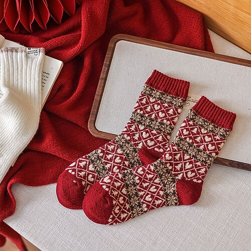 Damen Crew Socken Dicke warme Wintersocken Weihnachten Outdoor Ferien Karomuster Polyester Basic Klassisch Lässig Elastisch Warm 1 Paar Image