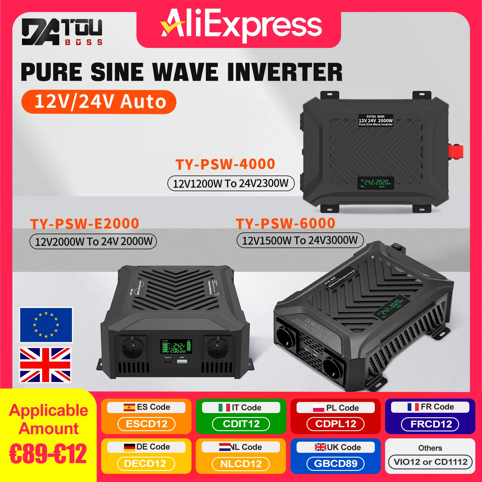 DATOUBOSS onduleur double tension à onde sinusoïdale Pure 12V à 24V onduleur solaire à commutation automatique 1200W à 3500W onduleur de voiture Portable
