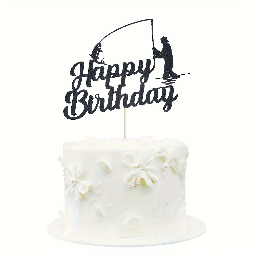 1 Stück Fischer Alles Gute zum Geburtstag Kuchen Topper, Outdoor-Thema, Angeln Party Dekor, Kuchen Dekor, Backzubehör, Party Dekor Image