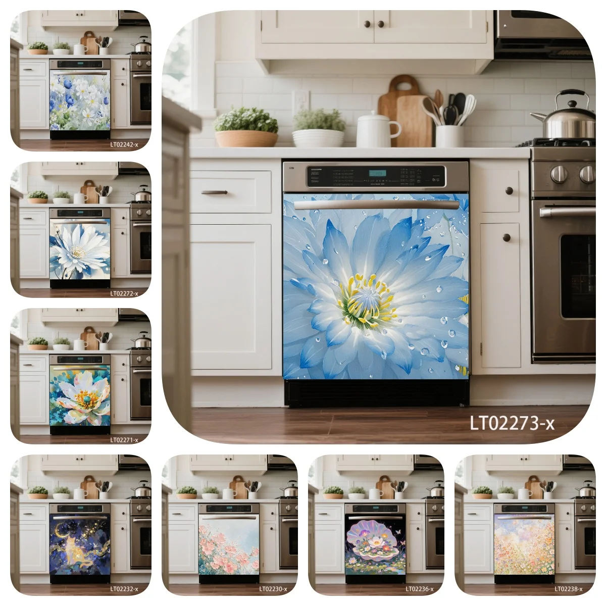 Omantic Dewdrop Blue Floral Aufkleber Künstlerisches Wandbild Spülmaschine Vinyl Aufkleber Selbstklebende Türfolie Elegante Küchenschrank Dekor Image
