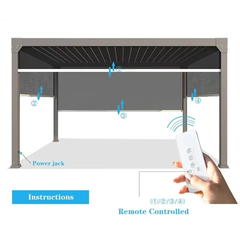 Luxuriöse elektrische einziehbare Pergola aus Aluminiumlegierung, 3 x 3/4 m, Innenhof, Villa, Pavillon, Rollos, wasserdichter Sonnenschutz, Lamellendach Image