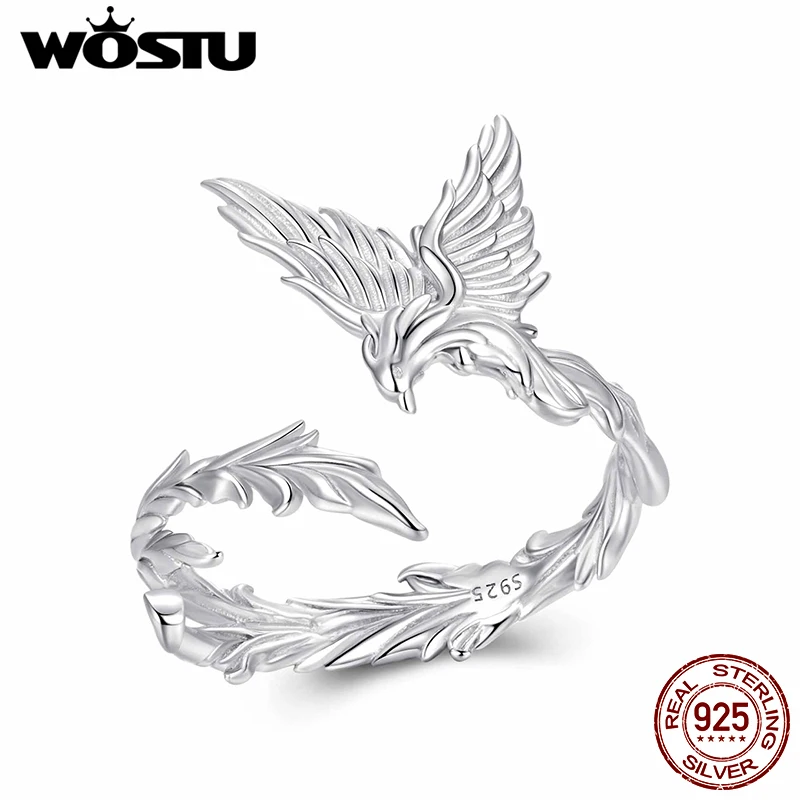 WOSTU Offener Ring aus 925er-Sterlingsilber, einzigartiger Vintage-Stil, offener Phoenix-Ring für Frauen, eleganter offener Flügel, Drachen-Vogel-Tier-Ring, Weihnachtsgeschenk