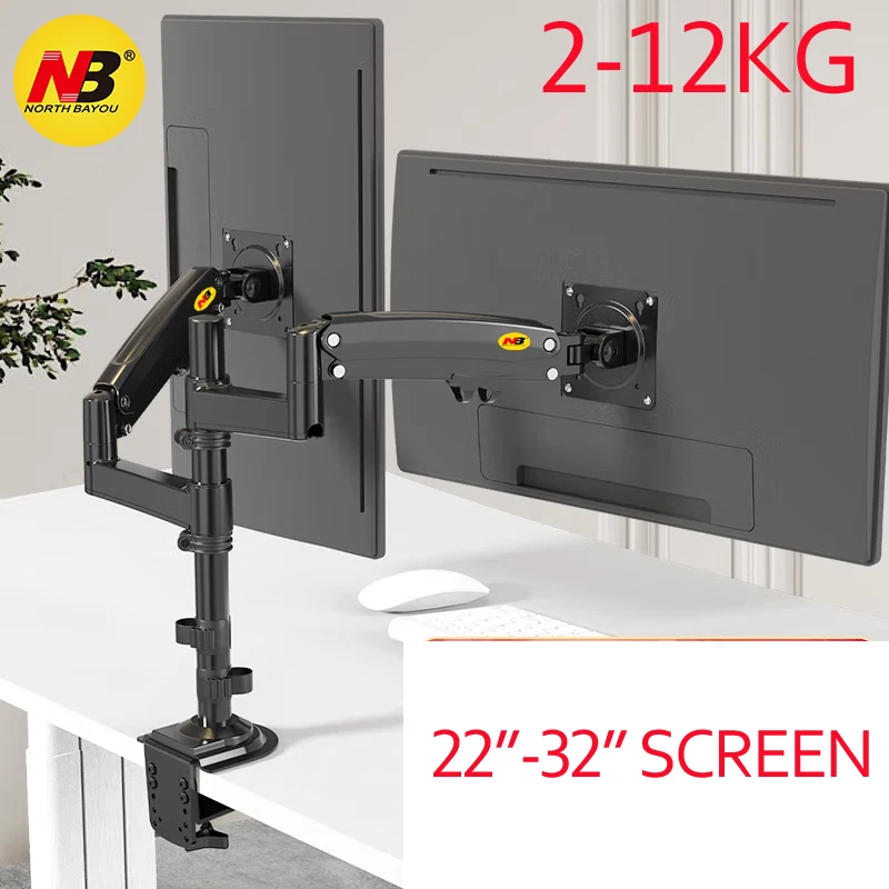 NB H180 17"-27" 22"-32" Doppelmonitor-Schreibtischhalter Arm Gasfeder Full Motion LCD-TV-Halterung 2-9 kg 2-12 kg Doppelarm-Klemmhalterung Image