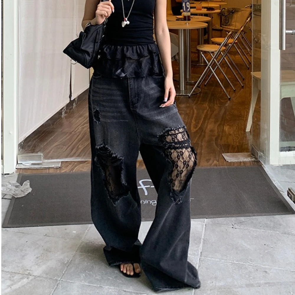 Hose mit weitem Bein, Jeans für Damen, zerrissene Lochhose, Spitze, niedrige Taille, gewaschen, Distressed, bodenlang, 2022, Streetwear, Vintage-Jeans Image