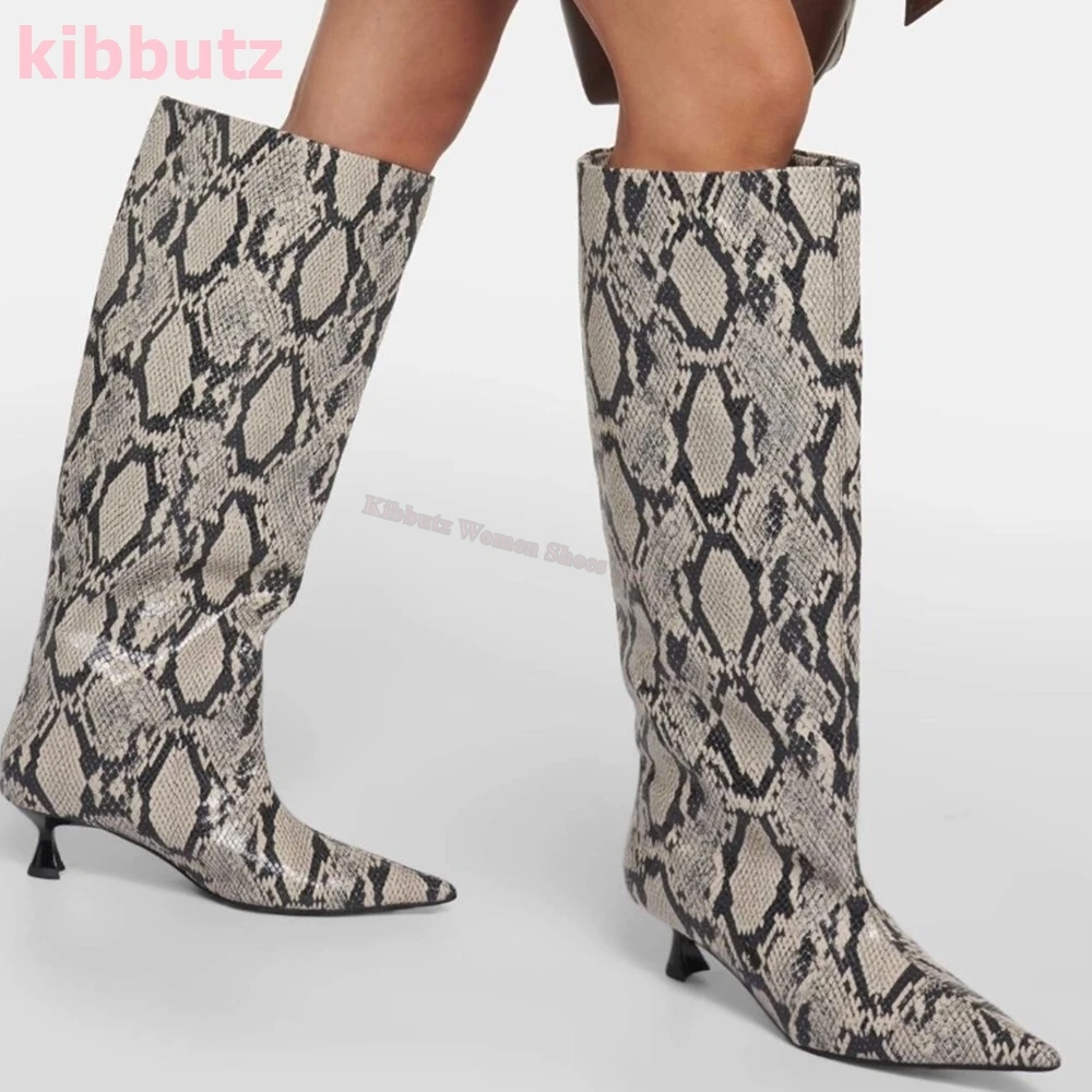 Kniehohe Stiefel mit Schlangenmuster, spitze Zehen, Kitten-Heels, Slip-On, echtes Leder, modische Neuheit, prägnante sexy Party-Damenschuhe, Neu