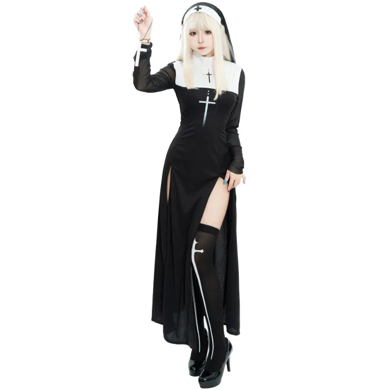 Sexy Anime Nonne Cosplay Kostüm Frauen Kostüm Halloween Party Erwachsene Gothic Robe Karneval Lange Schwarz Themen Veranstaltungen Uniform Image