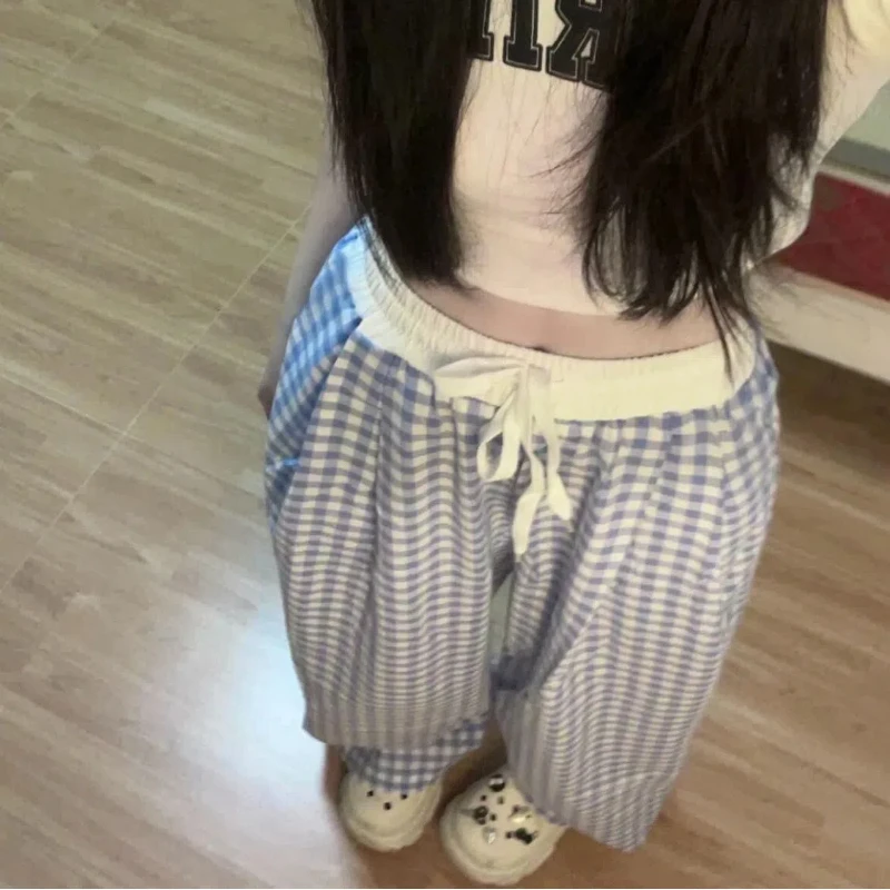 Plaid Damen Neue hoch taillierte lose drapierte schlanke lässige faule gerade Hose mit weitem Bein Image