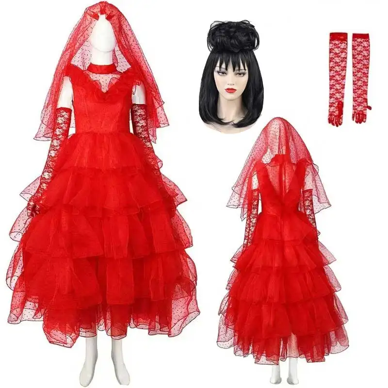 Frauen Käfer Braut Lydia Deetz Kostüm Braut Aus Hölle Rot Hochzeit Kleid Cosplay Gothic Kleid Golves Perücke Halloween Kostüm Image