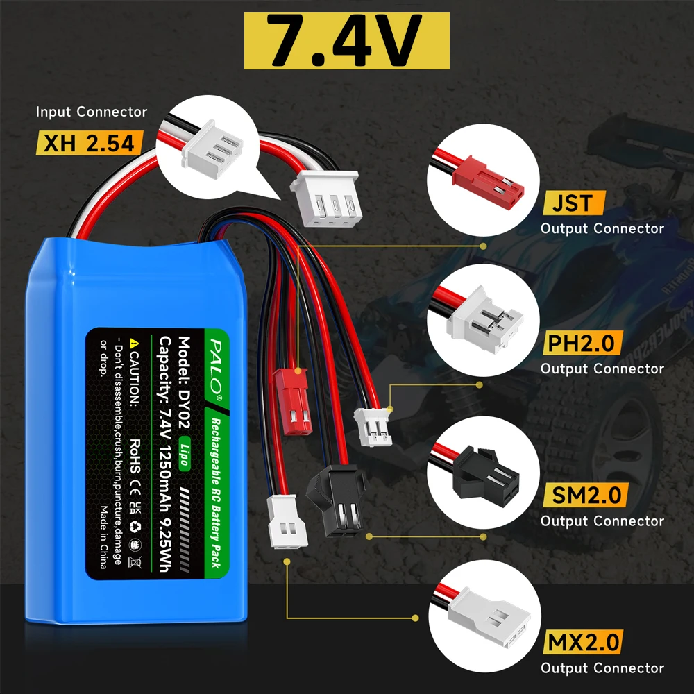 7,4 V wiederaufladbarer Lipo-Akku 1250 mAh 7,4 V Lithium-Polymer-Akku Hochleistungs-225C-Akku für RC-Auto + XH2.54-3P-Ladegerät Image