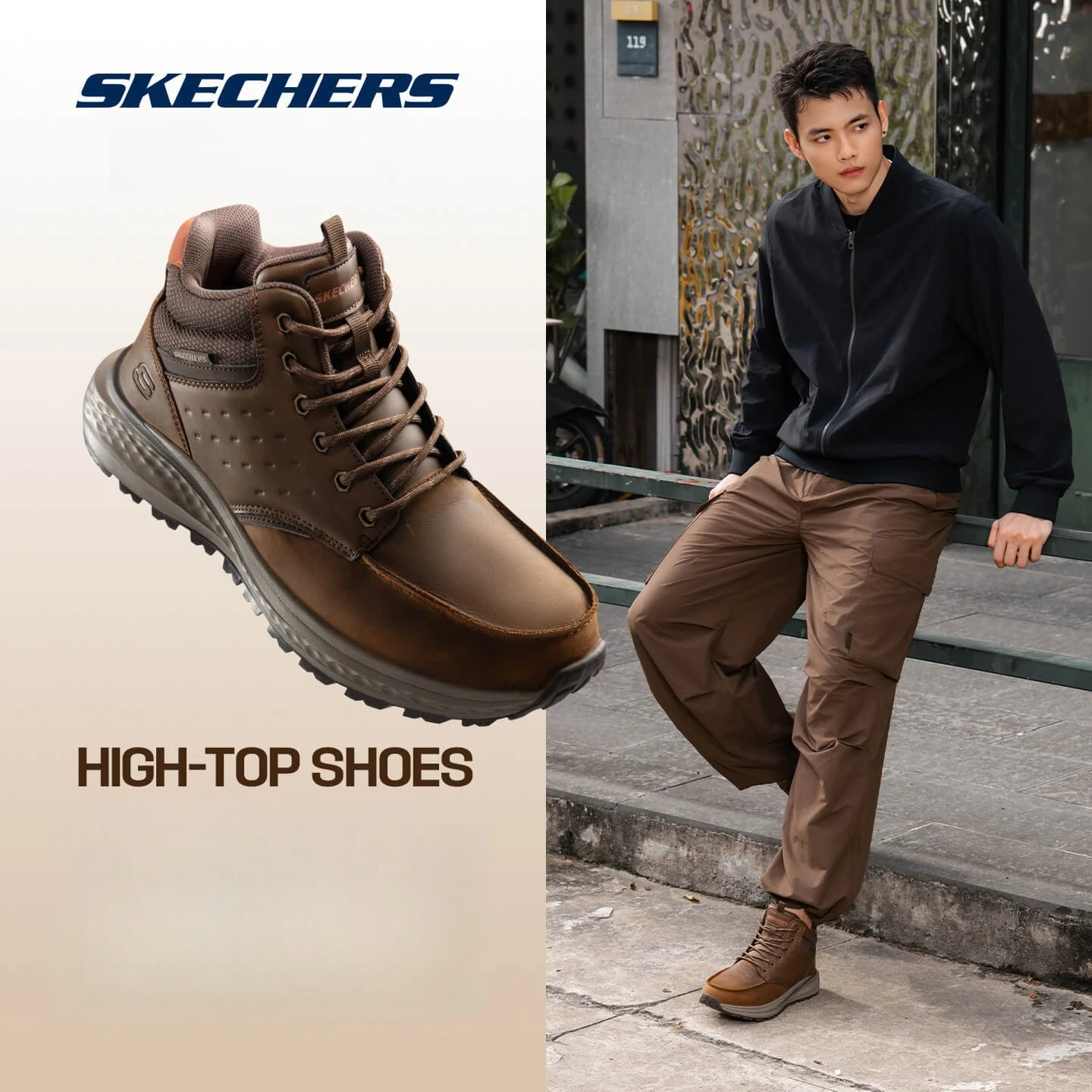 Skechers High-Top Herren Lederschuhe Mode Motorrad Stiefeletten Herbst Winter Schnürung Casual Arbeit Herrenschuhe Leder Flats
