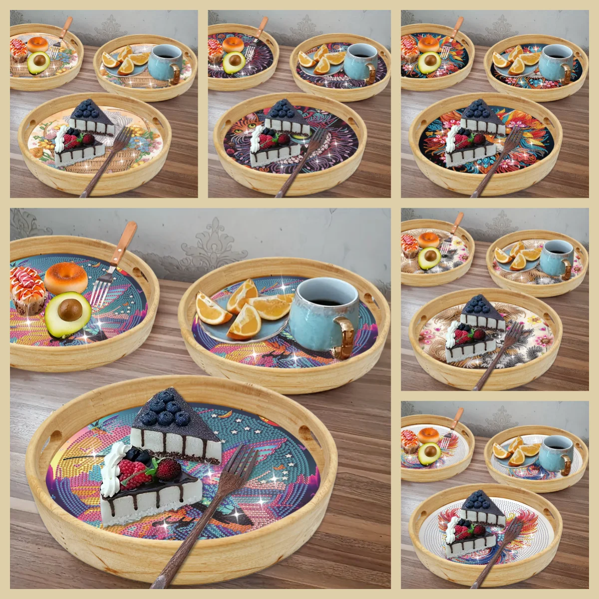 Ein Satz DIY-Diamant-Kunst-Malerei-Tablettsets mit Tiermotiv, bestehend aus einem runden Zeichenbrett aus Holz mit einem Griff Image
