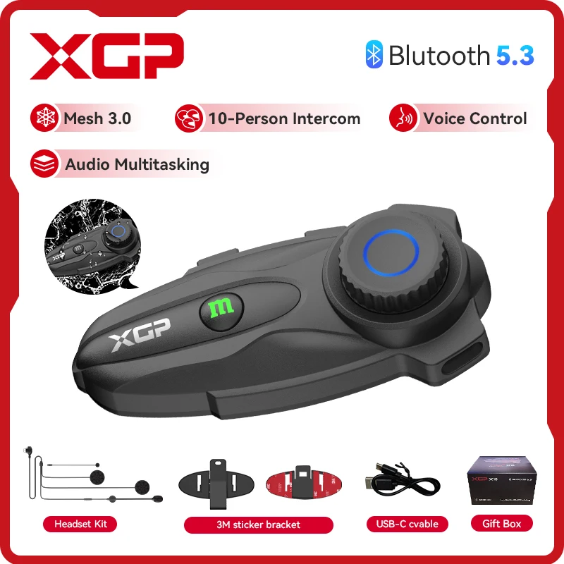 XGP-X10 Bluetooth-Motorrad-Gegensprechanlage, kabelloses BT 5.3-Kommunikationsgerät, Helm-Gegensprechanlage, geeignet für 10-Fahrer-Gegensprechanlage Image