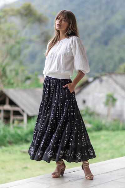 'Bloom and Heart-Themed Tie-Dye Black Cotton Skirt from India'