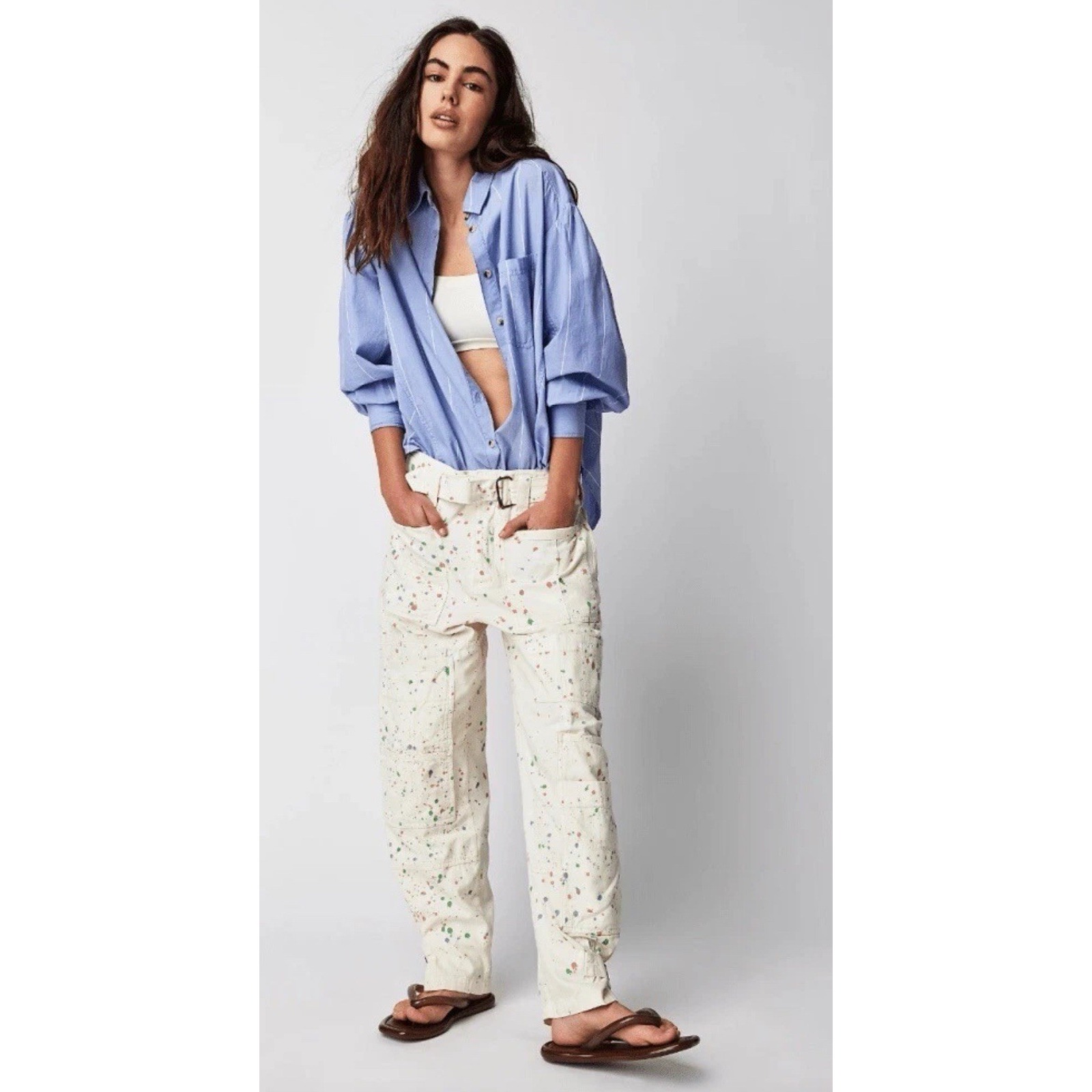Free People Pants & Jumpsuits | Free People Belted Painter Pants Cargo White Artist Paint Size 6 | Color: White | Size: 6