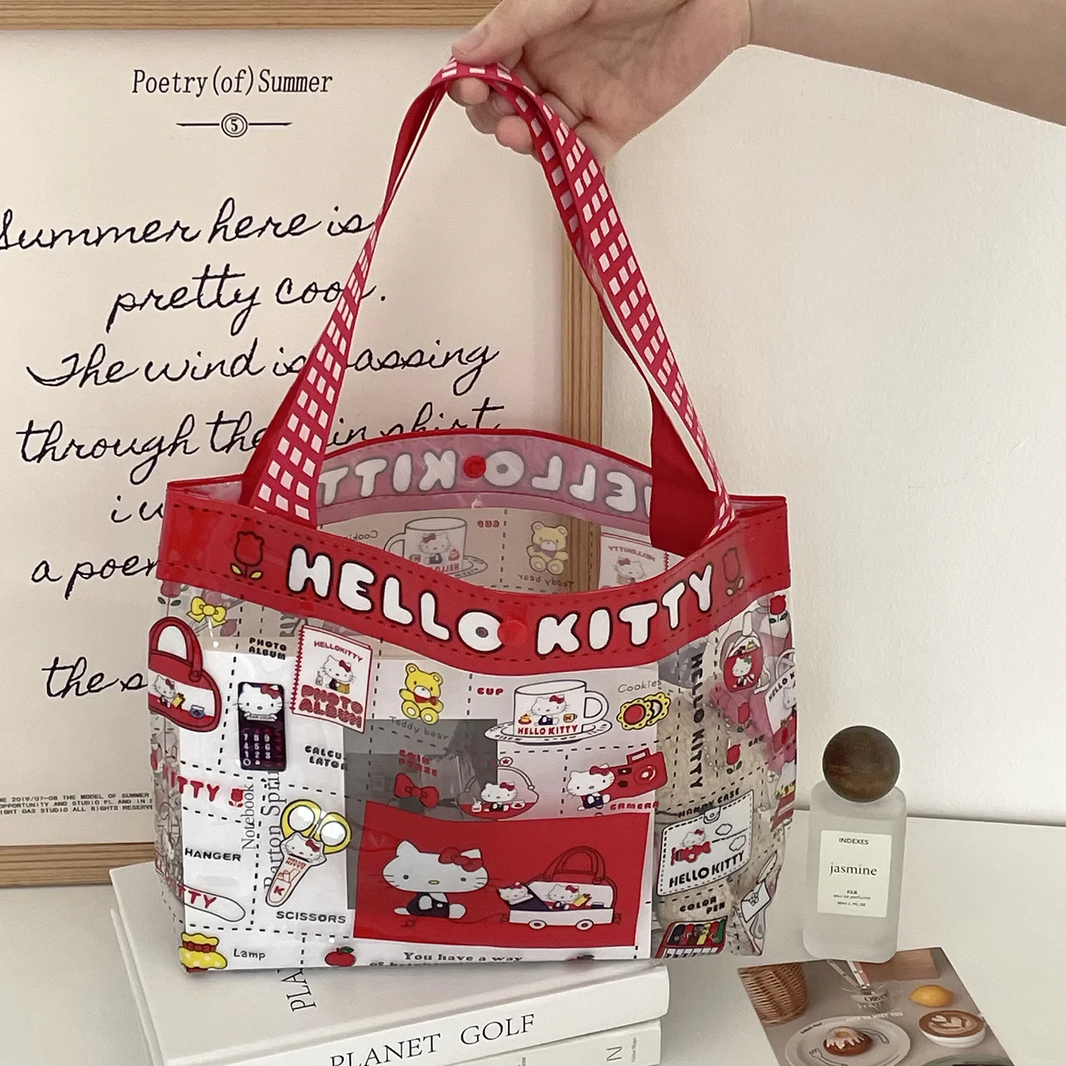 Kawaii Cartoon Rot Hello Kitty Handtasche Mädchen Niedlich PVC Transparent Große Kapazität Tragbare Make-Up Tasche Aufbewahrungstasche