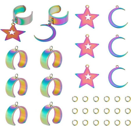 8 Sets 2 Styles Charms Ring Stainless Steel Women s Ring Ring and Pendants Adjustable Rings with Moon Star Charms Colorful Cuff Finger Ring Components for DIY Ring Jewelry Making for making