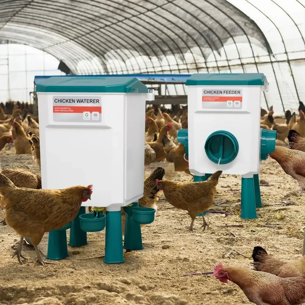 Automatic Chicken Feeder and Waterer Set Hanging Poultry Coop Bucket with Feeding Ports for Chickens and Ducks