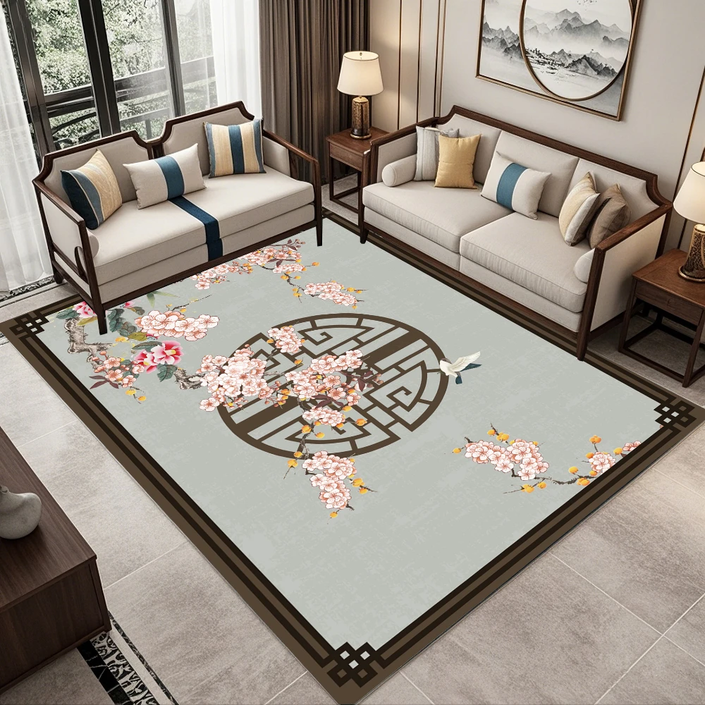 Ostasiatische Blume und Vogel Malerei Teppich Wohnzimmer Dekor Sofa Teppich Schlafzimmer Nachttisch Teppich Esszimmer Couchtisch Bodenmatte Image