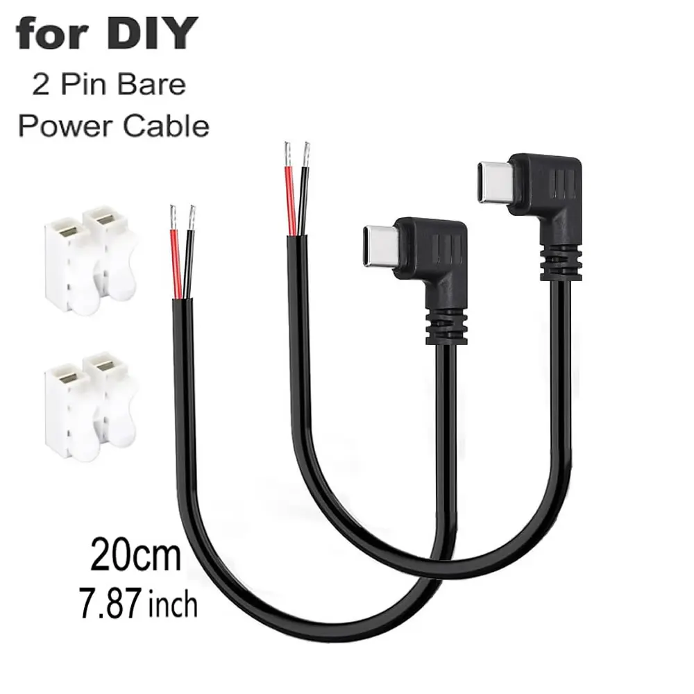 Cavo di alimentazione open end a filo nudo USB C da 90 gradi a 2 pin, cavo fai da te da 2 pin a tipo C maschio 5 V/2 A, per sostituzione o riparazione