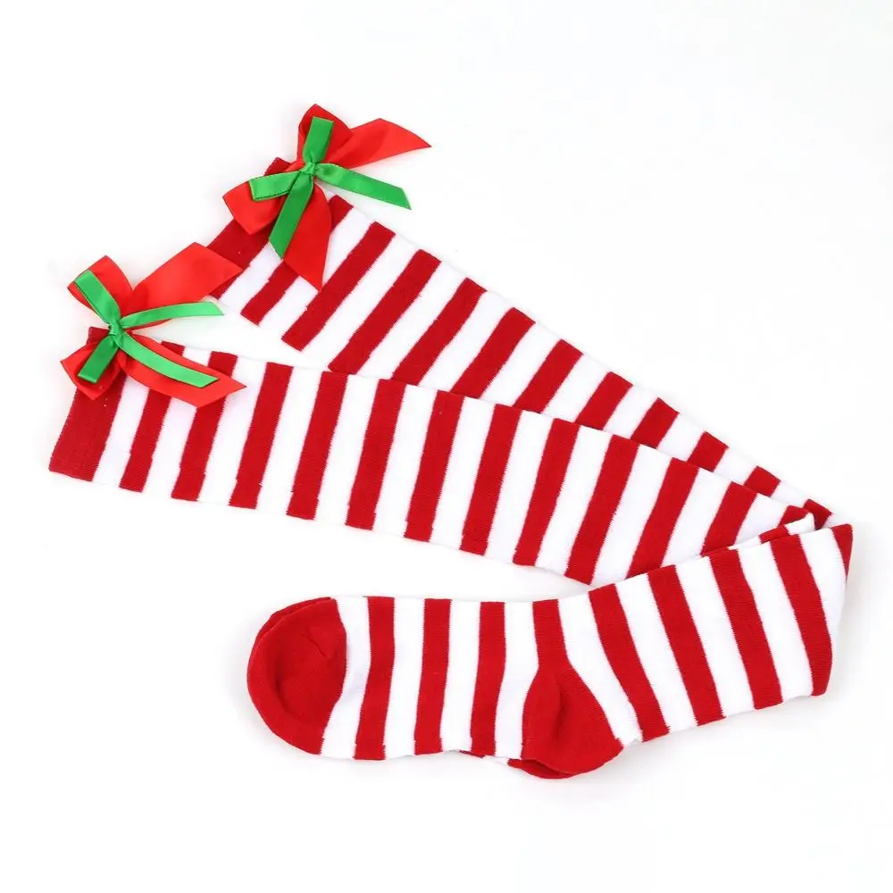 Süße gestreifte Strümpfe für Frauen, Weihnachten, grün, rot, Schleifen, süße Socken über dem Knie, lange Socken, Mädchenstrumpf, Studentensocken Image