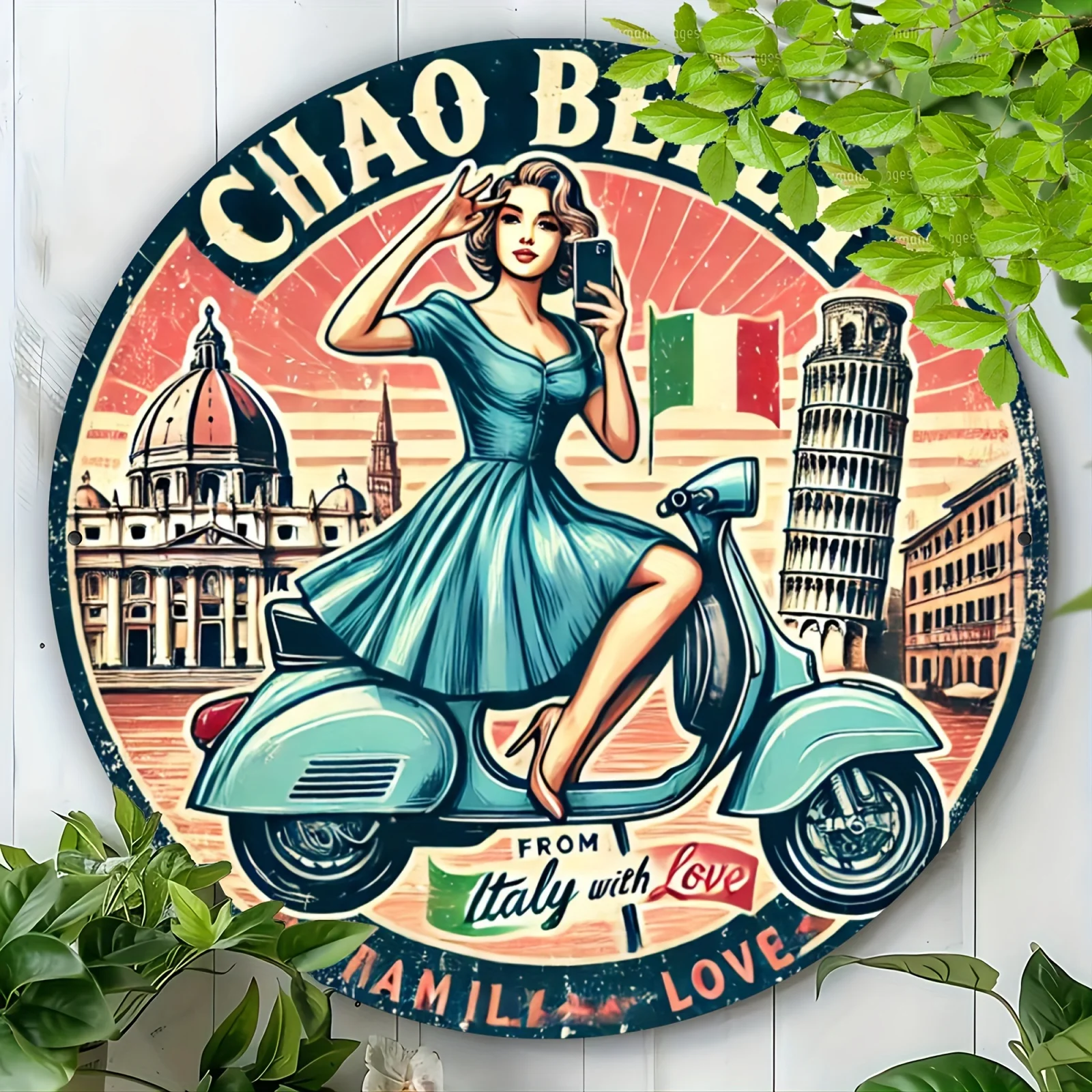 Charmante italienische Liebe, runde Aluminium-Wandkunst – perfekt für Heim- und Bürodekoration, langlebiges Metallschild, ideal für Wohnzimmer, Bar, Café Image