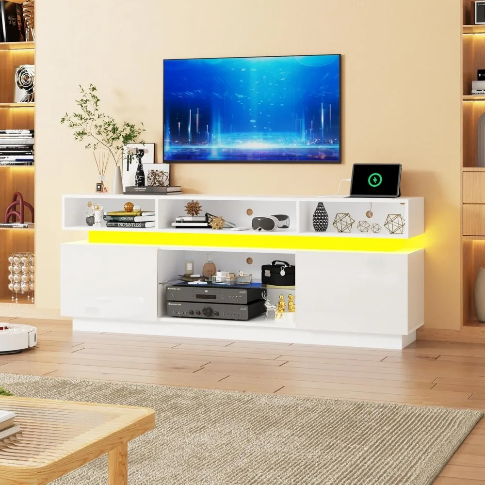 LED TV Stand for 75 Inch TV, Modern Tall Entertainment Center with Power Outlets, High Gloss TV Stand, Gaming TV Media Console w