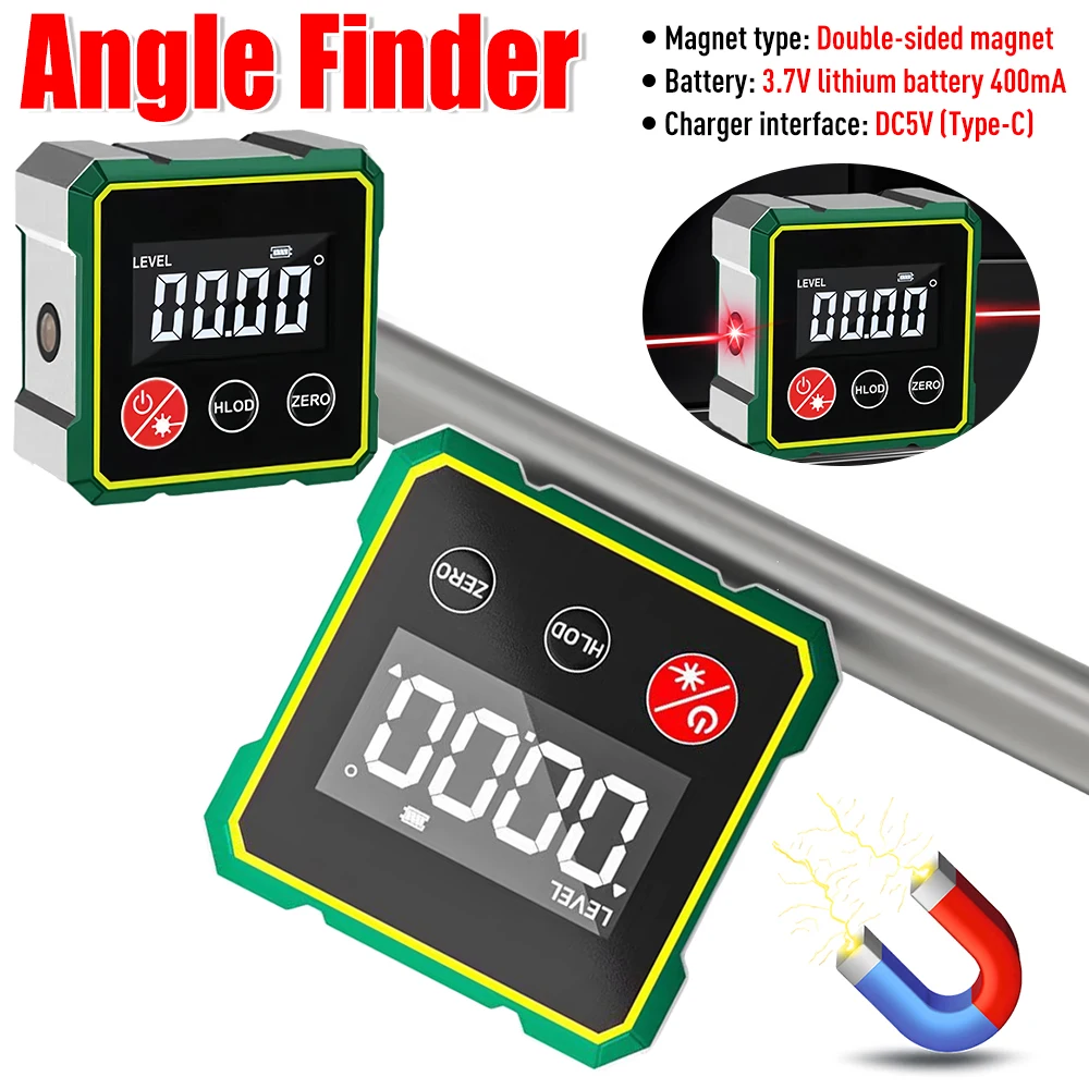 Magnetischer digitaler Winkelmesser mit elektronischem Lasermessgerät, Winkelmesser, Neigungsmesser, Wasserwaage, Magnete, Wasserwaage, Winkeleiste 0–90 ° Image