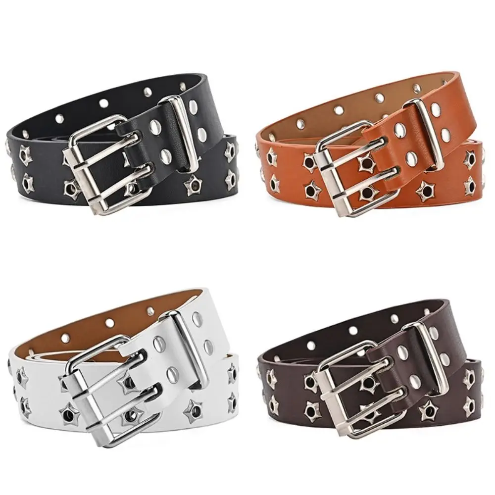 Adjustable Punk Waist Belt Double Pin Buckle Y2k Style Belts Rivet Belts For Men Women Double Star Eyelet Grommet Waist Strap