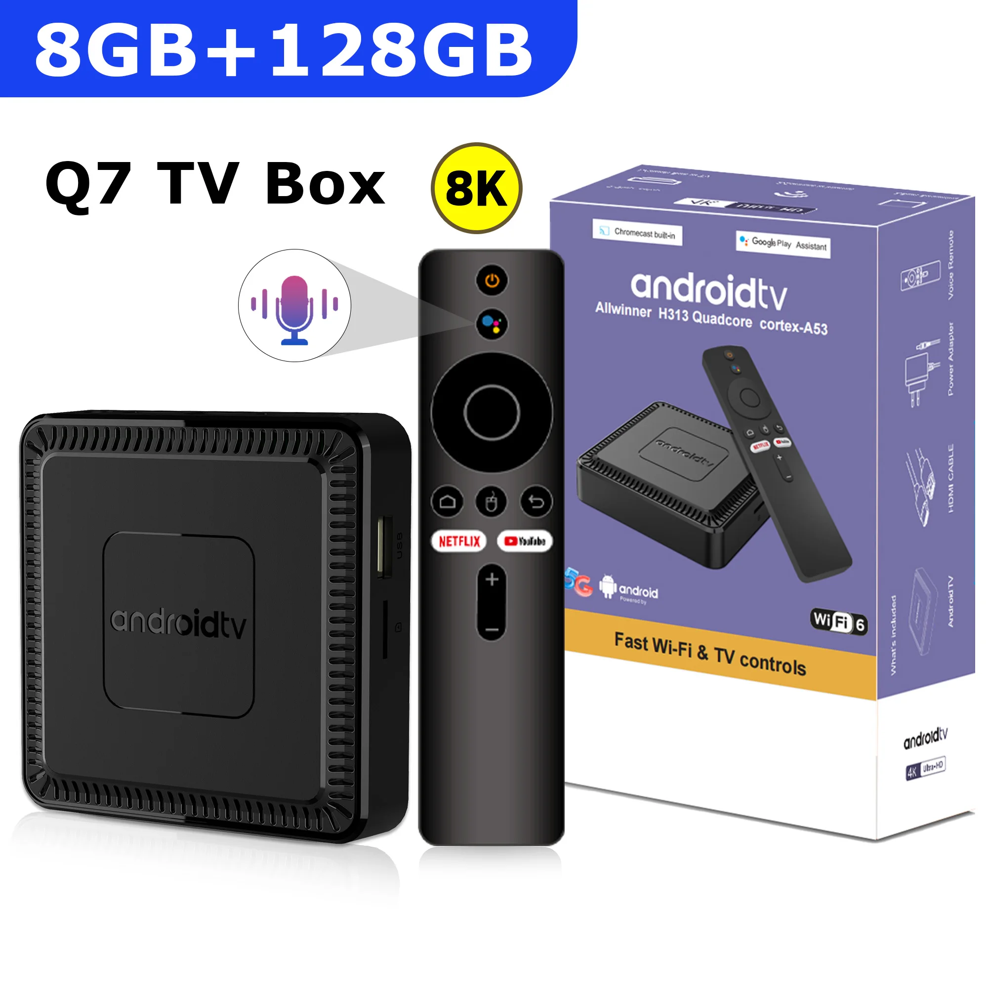 Q7 Neue Android 14 TV Box 8 GB + 128 GB Smart Network Set-Top-Box unterstützt WiFi 6 Bluetooth 5.0 4K HDR10 Sprachfernbedienung TV Box Image