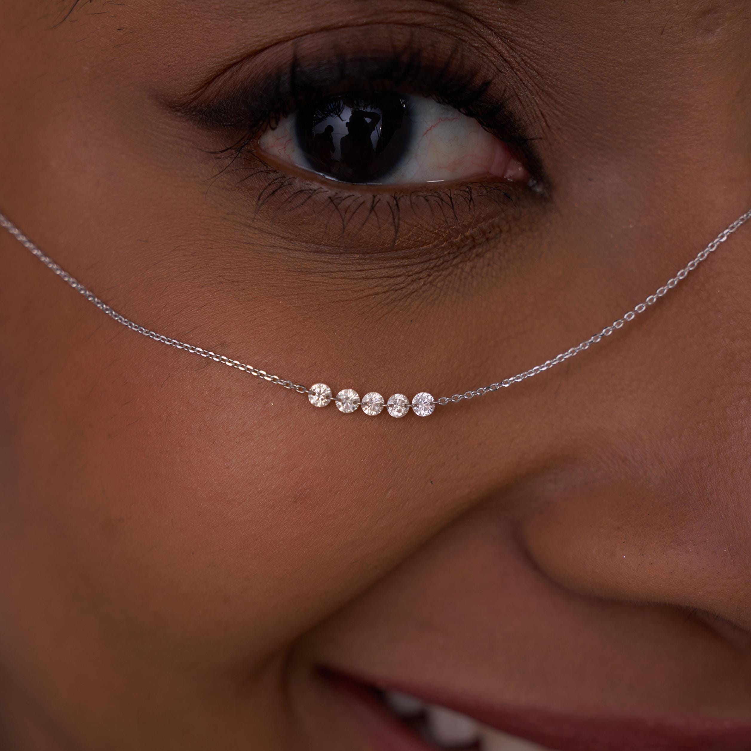 Collana con diamanti naturali taglio rotondo, collana in oro massiccio 14 carati, collana da sposa con cinque diamanti a grappolo, collana minimalista