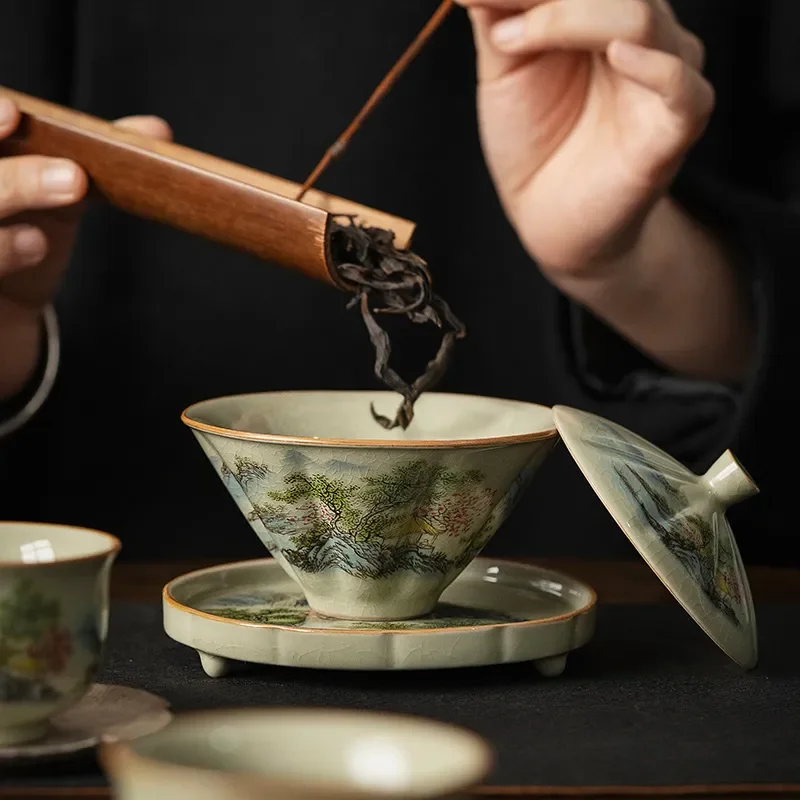 Jingdezhen-Keramik-Teetasse mit Bambushut, traditionelle handgefertigte Teegeschirr, einzelne Schüssel, Kung-Fu-Tee mit Deckel, Sancai Gaiwan Image