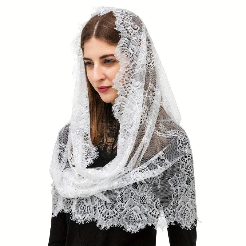 Eleganter Vintage-inspirierter Spitzen-Mantilla-Schleier, aufwendiges Blumenmuster, ideal für Hochzeiten und formelle Anlässe, Hochzeitsaccessoire Image