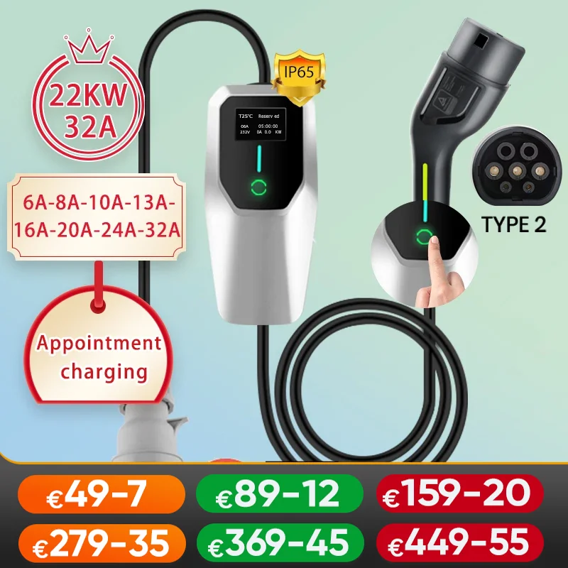 Portable EV Charger Type2 IEC62196-2 Wallbox 3.5KW 7KW 11KW 22KW IP65 6A to 32A 4Meters IP65 for tesla kia Hyundai Nissan dacia Image