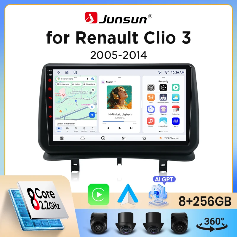Junsun Wireless CarPlay Android Auto Autoradio für Renault Clio 3 (Mk3 / BR/CR) 2005-2014 mit eingebautem Lüfter, Android GPS-Navigation, Multimedia-Player, WiFi, DSP, RDS, BT, SWC, IPS-Touchscreen, Image