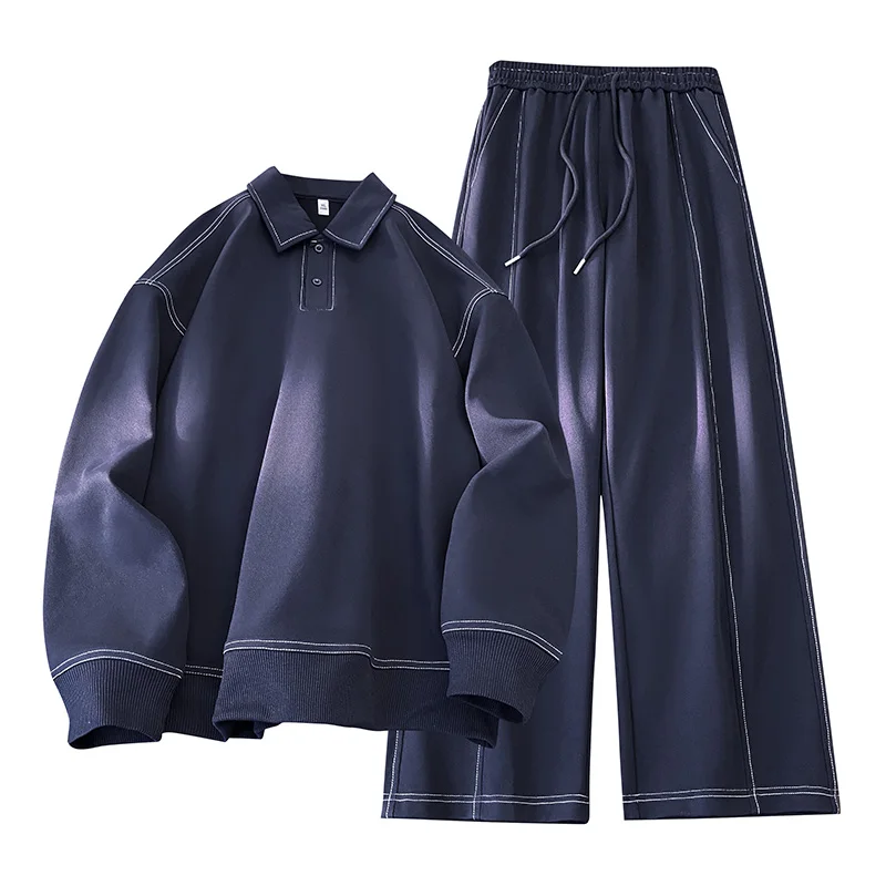 Zweiteiliges Set für Herren, Sportbekleidung, Frühling, neues Herren-Freizeit-Outdoor-Set, quadratischer Ausschnitt, langärmliges, lockeres T-Shirt, elastische Taille, bequeme Hose Image