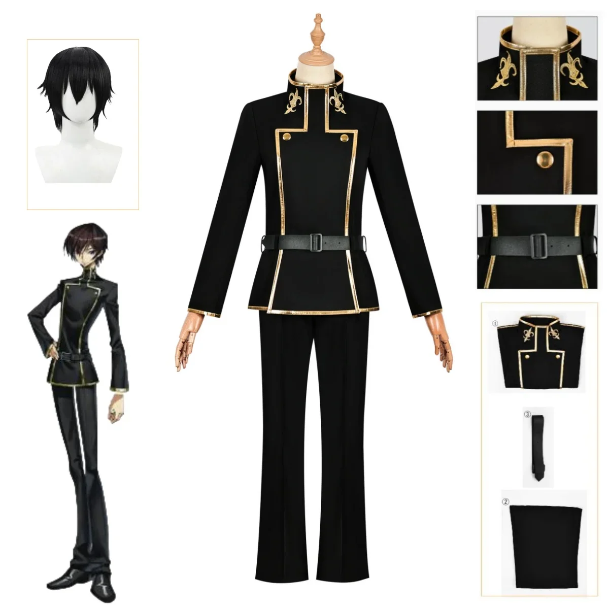 Halloween CODE GEASS Lelouch of the Rebellion Anime Lelouch Lamperouge Cosplay Kostüm Schwarze Perücke Jacke Hose Gürtel Weihnachten Cos Image
