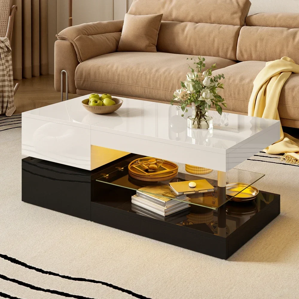 LED-Couchtisch mit Bluetooth-Steuerung, Glasregal, Hochglanzoberfläche, Schwarz-Weiß-Design, Wohnzimmer
