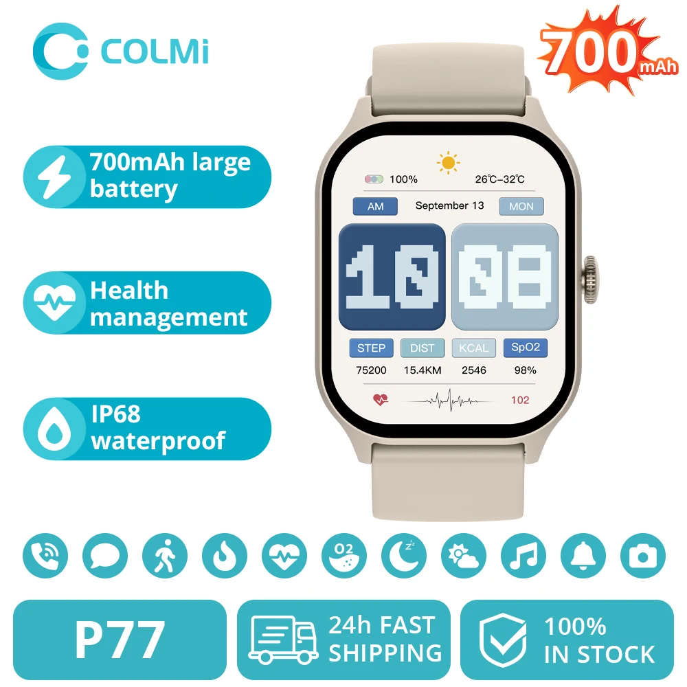 COLMI P77 Smartwatch, bis zu 11 Tage Akkulaufzeit, massiver 700-mAh-Akku, 2-Zoll-Display, Smartwatch für Gesundheitsmanagement Image