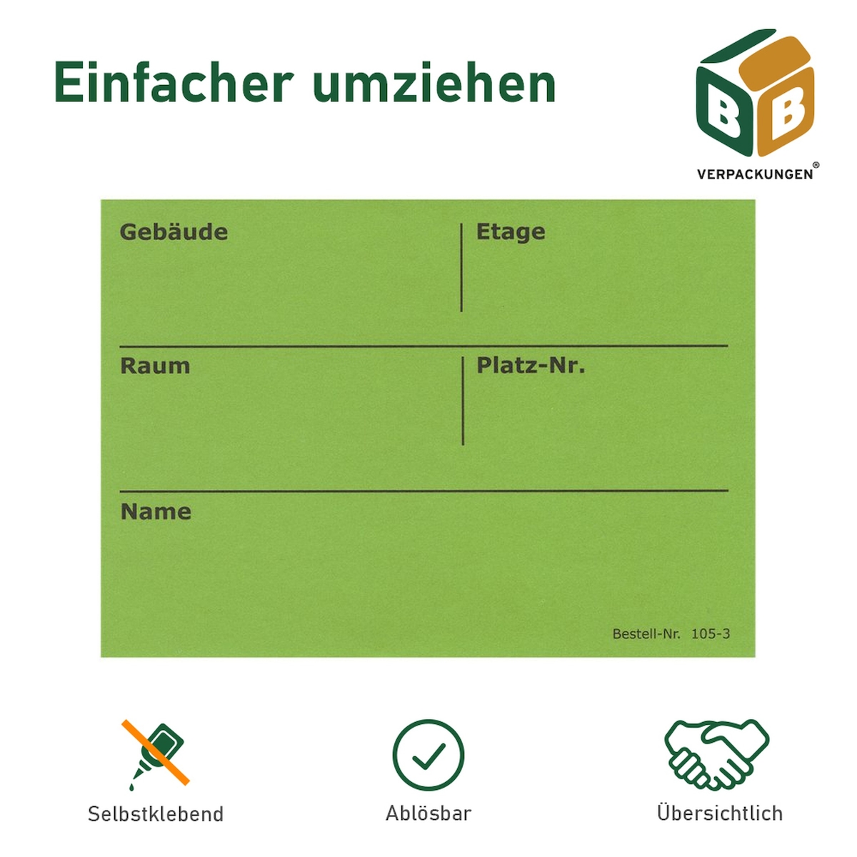 BB-Verpackungen GmbH 250 x Umzugsetiketten (105 x 75 mm) grün selbstklebend Rückstandlos ablösbar Kartonaufkleber Sticker Umzugsaufkleber beschriften BB-Verpackungen Image