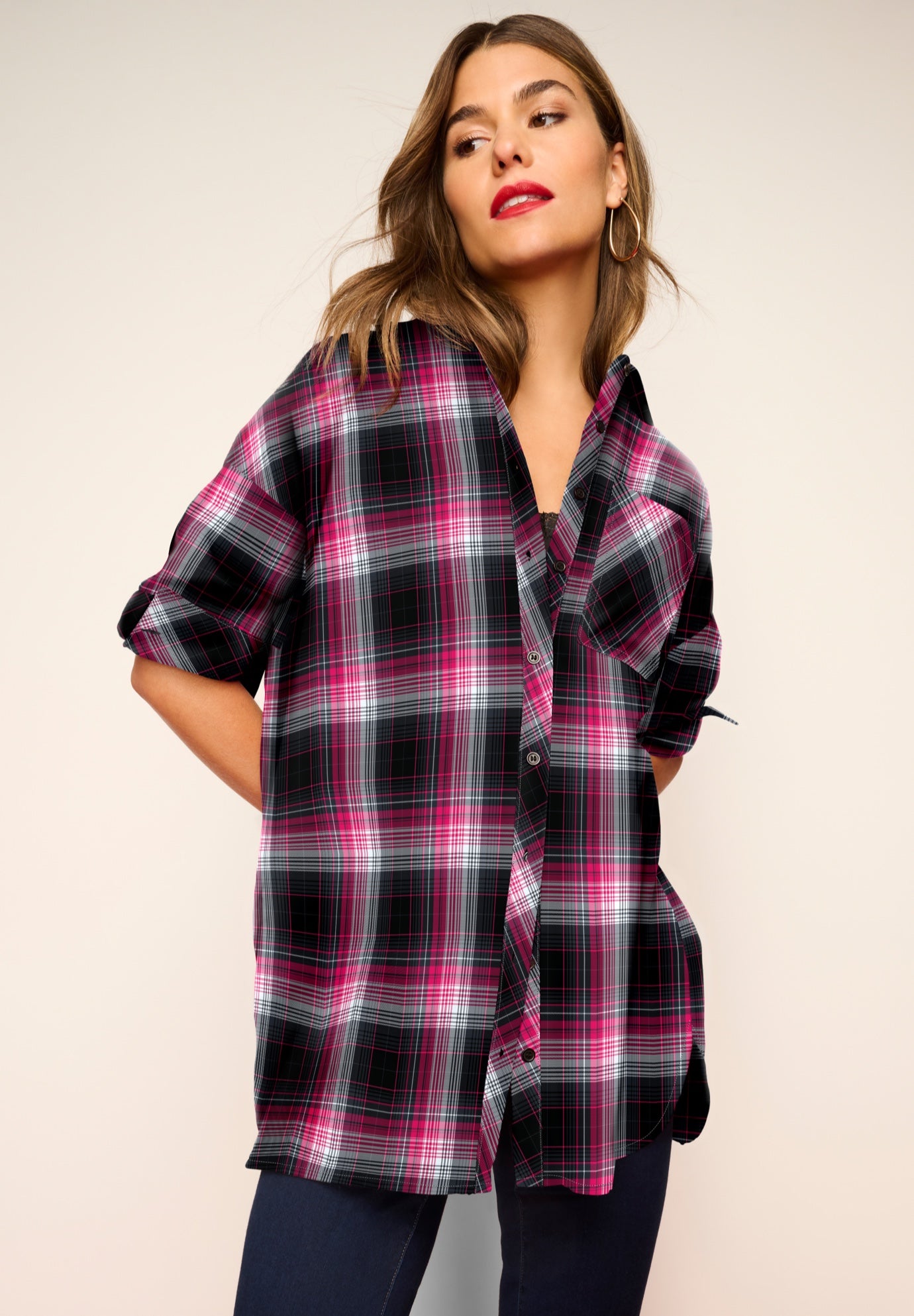 Plus Size Women's Plaid Flannel Tunic by Roaman's in Black Pink Plaid (Size 18 W) Plaid Shirt