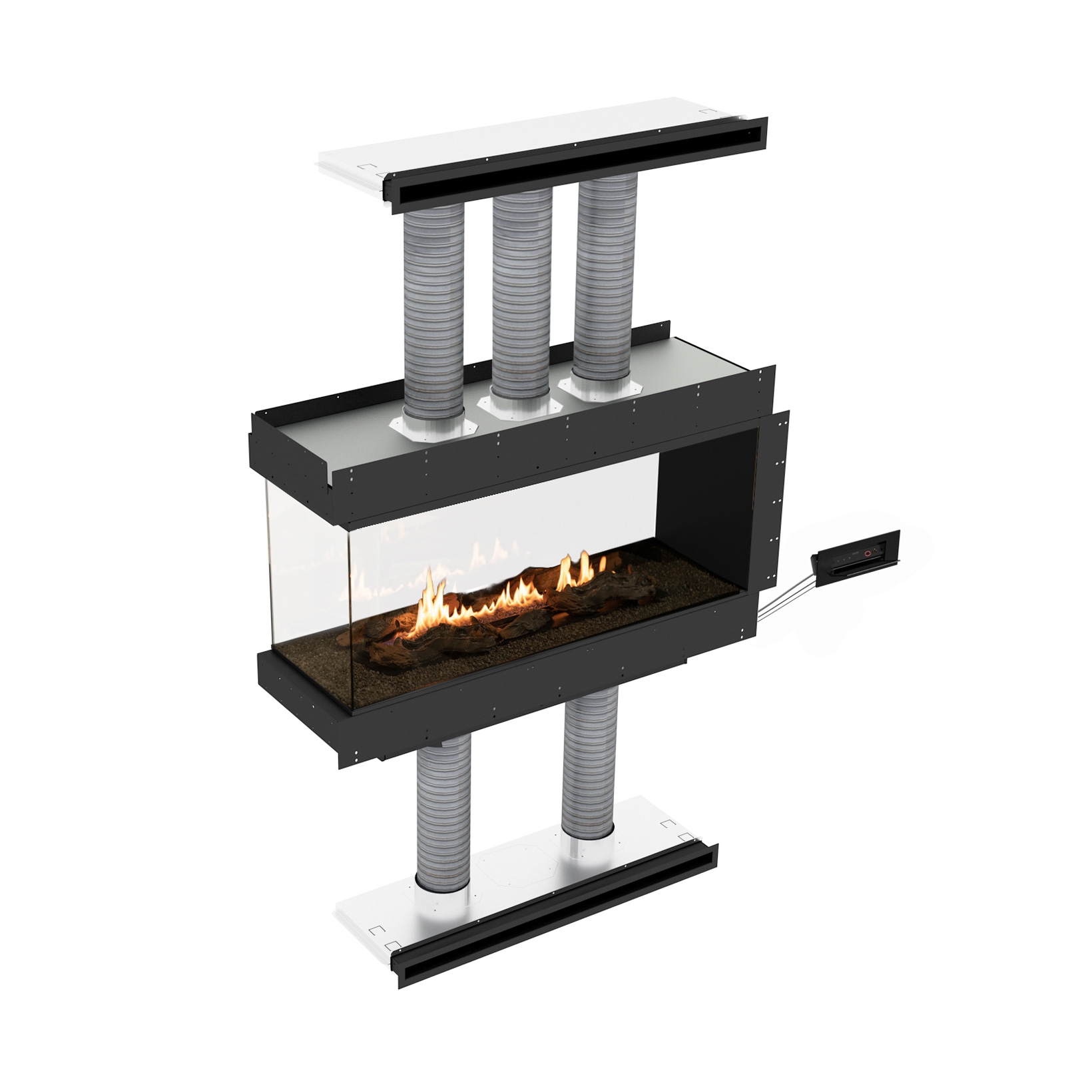 Planika Panorama [Ethanol Einbau Gehäuse mit Automatikbrenner und Verglasung]: Dreiseitig offen - mit weißen Kieselsteinen - ohne Smart Home Integration